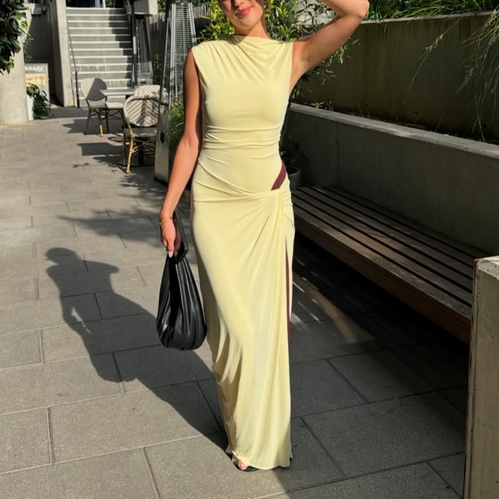 Bec & Bridge Butter Yellow Greta Twist Off Shoulder Maxi Dress